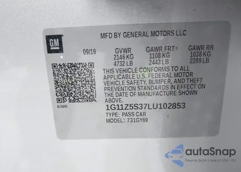 2020 Chevrolet Impala Fwd Lt from USA, damaged, VIN 1G11Z5S37LU102853